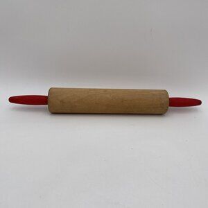 Vintage Wood Rolling Pin Red Handles Farmhouse Country Primative Wooden 18" Long